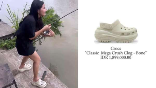 Prilly pergi mancing memakai sandal Crocs Classic Mega Crush Clog - Bone yang harganya Rp 1,8 juta