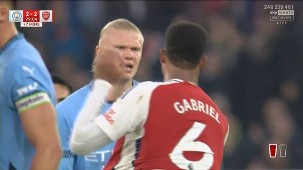 Goalscorers Erling Haaland and Gabriel got into a fiery touchline dispute after Haaland appeared to throw the ball at the Arsenal defenders head