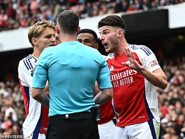 Arsenal have now received two red cards resulting from kicking the ball away this season, after Declan Rice (right) picked up a second yellow for delaying a restart against Brighton