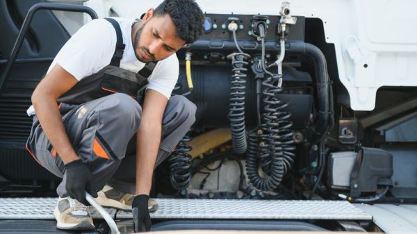 Mechanic repairing truck