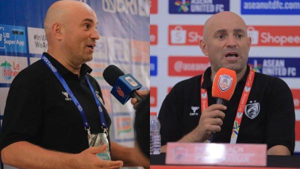 Bernardo Tavares pelatih PSM Makassar saat tiba di stadion Stadion Sultan Agung Bantul, Yogyakarta (kiri) dan saat  Post match press conference (kanan).