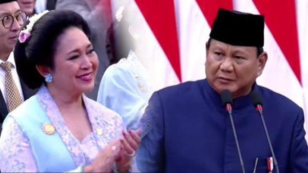 Ekspresi Titiek Soeharto saat menyaksikan momen bersejarah Prabowo Subianto dilantik menjadi Presiden ke-8 RI di Gedung MPR RI, Kompleks Parlemen, Senayan Jakarta, Minggu (20/10/2024).