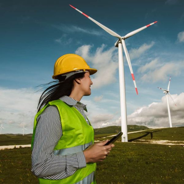 Worker in the clean energy field standing by wind mill.