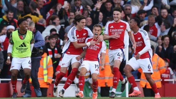 Selebrasi kemenangan Arsenal atas Leicester City di Stadion Emirates, Sabtu (28/9/2024).