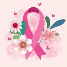 This contains an image of: Download symbol of world breast cancer awareness month in october with pink ribbon, flowers, leaves and butterflies for free