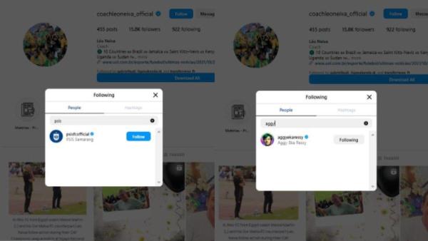 Leo Neiva follow IG PSIS Semarang (kiri) dan agen langganan Mahesa Jenar Aggy Eka Ressy (kanan).