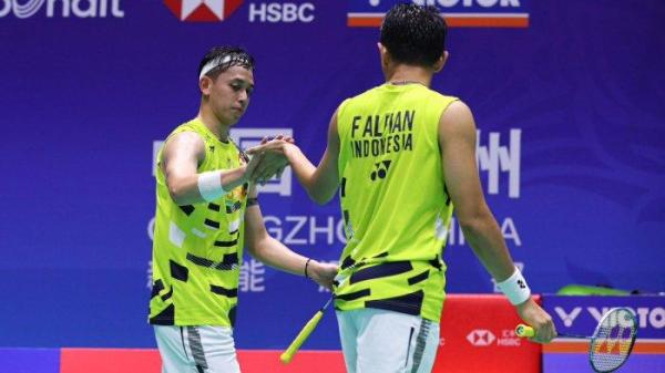 Ganda Putra Indonesia, Fajar Alfian/Muhammad Rian Ardianto, takluk dari Ong Yew Sin/Teo Ee Yi (Malaysia), dalam babak perempatfinal China Open 2024, di Olympic Sports Center Gymnasium, Changzhou, Jumat (20/9/2024). (PBSI)