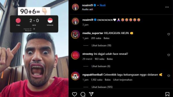 Sosok selebgram asal Bahrain @noaimi9 terpantau memakai kekalahan Timnas Indonesia dari China untuk bahan olok-olokan, Selasa (15/10). Para fans Timnas Indonesia pun tak terima dengan aksi selebgram Bahrain tersebut, terlebih @noaimi9 seolah memakai lagu Indonesia Raya sebagai musik latar videonya tersebut.