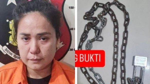 (Kiri) JBD (37), ibu yang tega siksa anaknya di Batam saat diamankan pihak kepolisian dan (Kanan) Penampakan rantai yang digunakan oleh pelaku.