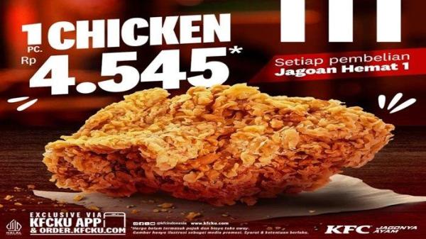 TEBUS MURAH - Ada promo menarik hari ini, beli Paket Jagoan Hemat dapat Proomo KFC tebus murah 1 potong ayam goreng KFC cuma Rp 4.545 saja.