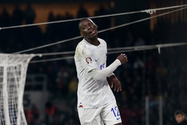 Kolo Muani celebrates scoring during French national team's match against