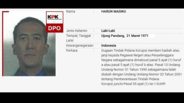 Foto daftar pencarian orang Harun Masiku di website KPK. Harun ditetapkan sebagai tersangka kasus dugaan suap PAW anggota DPR dari fraksi PDI Perjuangan pada 9 Januari 2020. (Sumber: KPK.go.id)