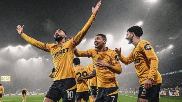 Aksi selebrasi pemain Wolves, Matheus Cunha saat melawan Manchester United