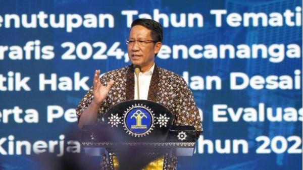 Menteri Hukum, Supratman Andi Agtas saat membuka kegiatan Penutupan Tahun Tematik Indikasi Geografis dan Pencanangan Tahun Hak Cipta dan Desain Industri di Hotel Shangri-La pada Senin, (2/12/2024).