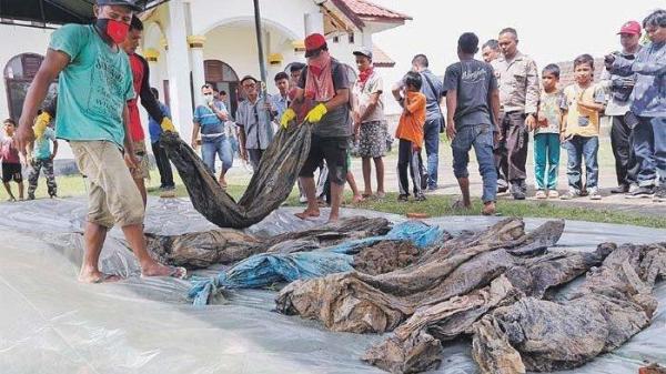 Pekerja mengangkat kerangka korban tsunami yang ditemukan di Dusun Lamseunong, Gampong Kajhu, Kecamatan Baitussalam, Aceh Besar, Rabu (19/12/2018). SERAMBI/BUDI FATRIA