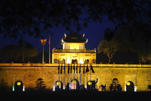 Thang Long Imperial Citadel in Hanoi is lit up at night. Photo by VnExpress/Pham Chieu