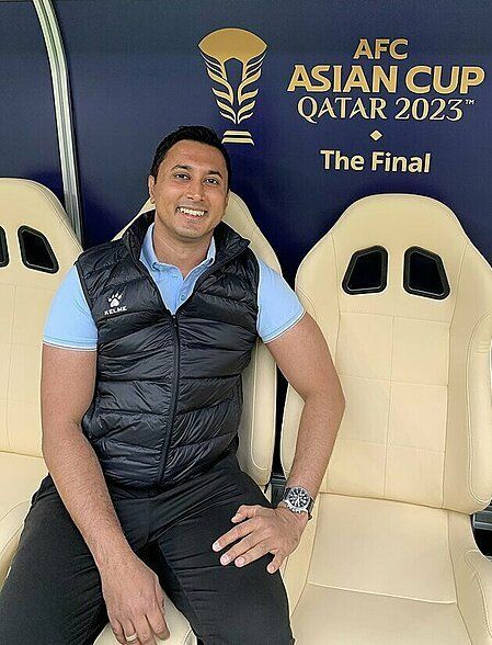 Rhysh Rai as a commentator at the 2023 AFC Asian Cup in Qatar. Photo courtesy of Rhysh Rai