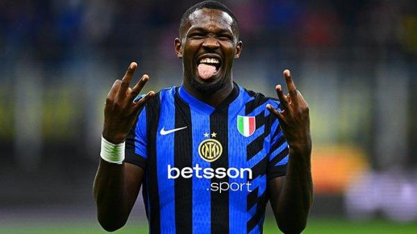 Penyerang Inter Milan, Marcus Thuram saat mencetak hattrick di Liga Italia Serie A.