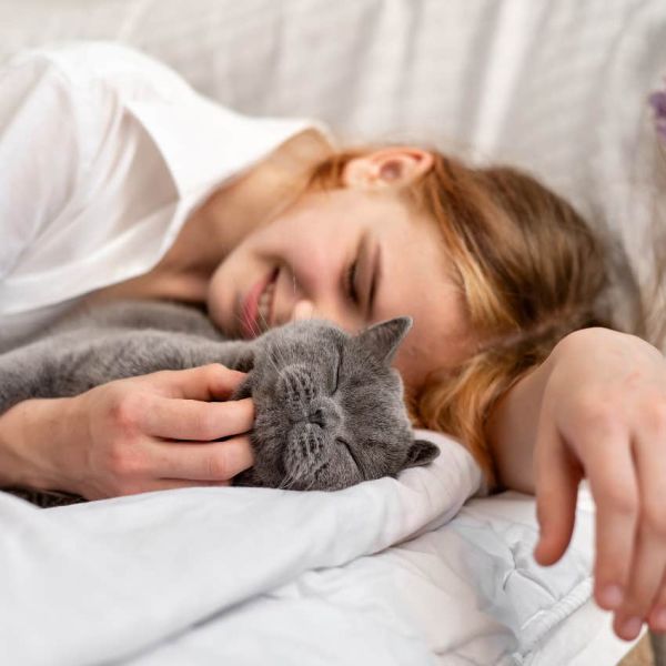 Cat sleeping with their owner