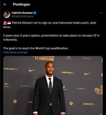 Jurnalis kenamaan asal Italia, Fabrizio Romano memberikan bocoran sosok Patrick Kluivert menjadi calon pelatih baru Timnas Indonesia menggantikan Shin Tae-yong.