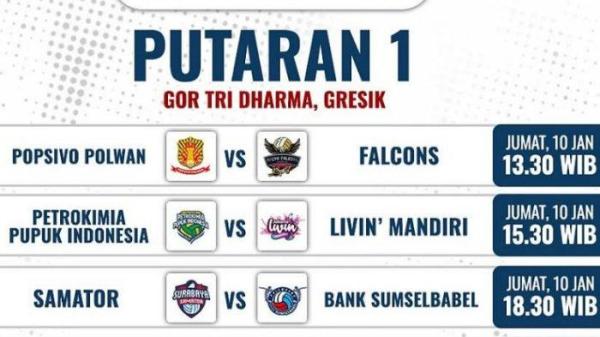 Jadwal Proliga 2025 hari pertama seri Gresik yang berlangsung di GOR Tri Dharma, Jawa Timur, Jumat (10/1/2025) live Moji TV.