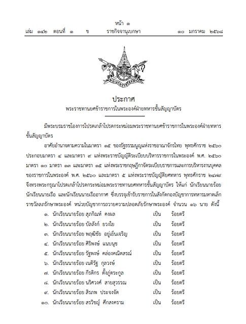 โปรดเกล้าฯ พระราชทานยศข้าราชการในพระองค์ฝ่ายทหาร ชั้นสัญญาบัตร สังกัดกองบัญชาการทหารมหาดเล็กราชวัลลภรักษาพระองค์