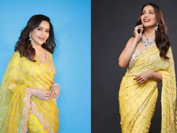 If you want to get a traditional look on Makar Sankranti then wear yellow sarees like Madhuri Dixit: Madhuri Yellow Saree