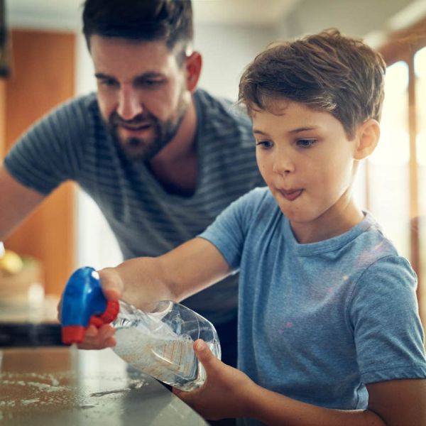 Dad and son cleaning