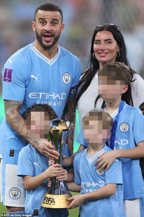 Walker's estranged wife served him with divorce papers in October and if she is to proceed he will face a mammoth battle for his £27m fortune (pictured with three of their children Roman, 12, Riaan, eight, Reign, six, in December 2023)