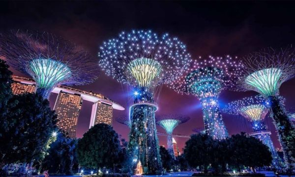 Gardens by the Bay is lit up at night. Photo courtesy of Marina Bay Sands