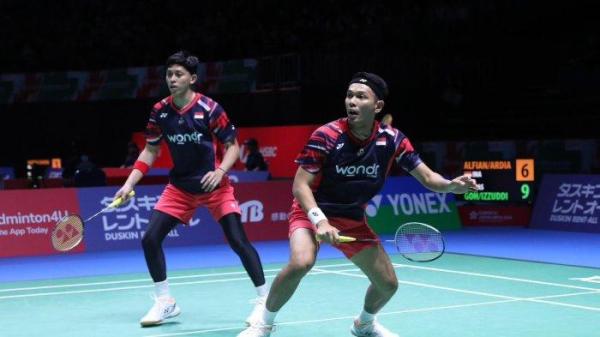 Ganda putra Indonesia, Fajar Alfian/Muhammad Rian Ardianto, tersingkir dari Japan Open 2024. Fajar/Rian kalah melawan wakil dari Malaysia, Goh Sze Fei/Nur Izzuddin, di Yokohama Arena, Jumat (23/8/2024).