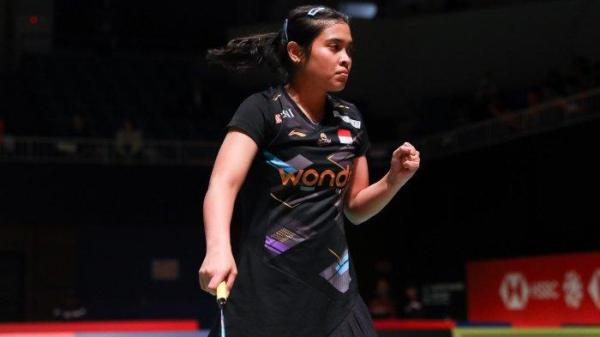 Tunggal putri andalan Indonesia, Gregoria Mariska ketika berselebrasi di Japan Masters 2024 super 500.