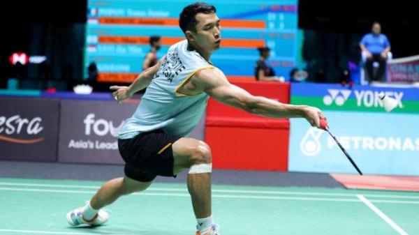 Tunggal putra Indonesia, Jonatan Christie saat bertanding di Malaysia Open 2025 lawan Toma Junior Popov (Prancis), Rabu (8/1/2025).