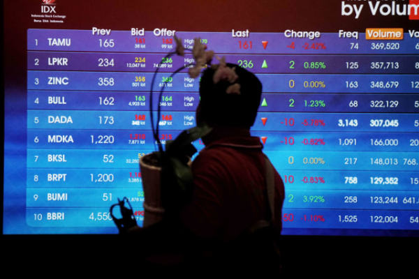 Pekerja melintas layar monitor Indeks Harga Saham Gabungan (IHSG). Foto:  Irfan Adi Saputra/kumparan