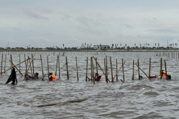 Sejumlah warga dan TNI AL berusaha membongkar pagar laut di perairan Tangerang, Banten, Sabtu (18/1/2025). Foto: Abid Raihan/kumparan