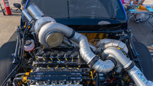 Compound turbocharger setup on a dragster