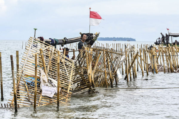 Sejumlah nelayan membongkar pagar laut yang terpasang di kawasan pesisir Tanjung Pasir, Kabupaten Tangerang, Banten, Sabtu (18/1/2025). Foto: Rivan Awal Lingga/ANTARA FOTO