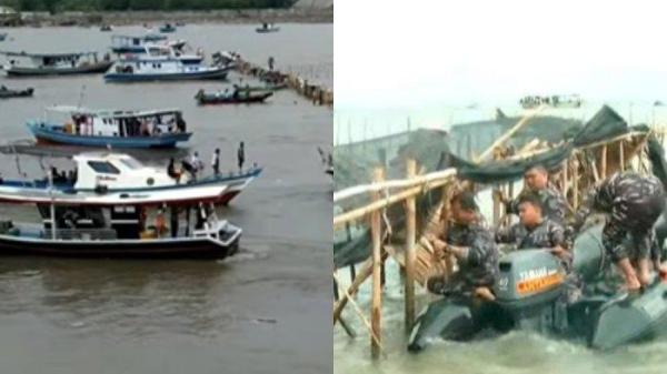 Sebanyak 600 prajurit TNI Angkatan Laut dibantu warga dan nelayan melakukan pembongkaran pagar laut di perairan Tanjung Pasir, Kabupaten Tangerang, Banten, Sabtu (18/1/2025)