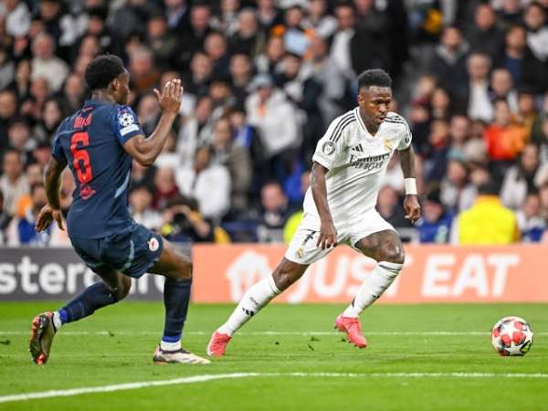 Real Madrid's Vinicius Junior celebrates scoring against Red Bull Salzburg on January 16, 2025