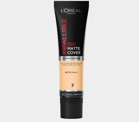 Rekomendasi alas bedak untuk kulit kering. Foto adalah  L’Oreal Paris Infallible 32H Matte Cover Foundation. sumber: www.loreal-paris.co.id