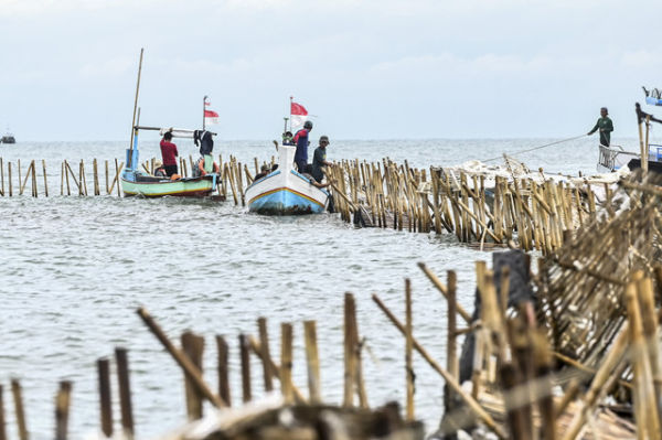 Sejumlah nelayan membongkar pagar laut yang terpasang di kawasan pesisir Tanjung Pasir, Kabupaten Tangerang, Banten, Sabtu (18/1/2025). Foto: Rivan Awal Lingga/ANTARA FOTO