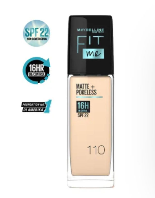 Rekomendasi foundation untuk kulit berminyak dan berjerawat. Foto adalah Maybelline Fit Me! Matte + Poreless Foundation. Sumber: maybelline.co.id