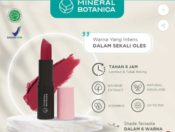 rekomendasi lipstik yang mengandung spf. Produk ini adalah The Grail Vivid Matte Lipstick. Sumber: mineralbotanica.com