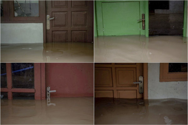 Foto kolase genangan air dari banjir di Cipinang pada 19 Februari 2021, hampir mencapai daun pintu rumah warga. Foto: Jamal Ramadhan/kumparan