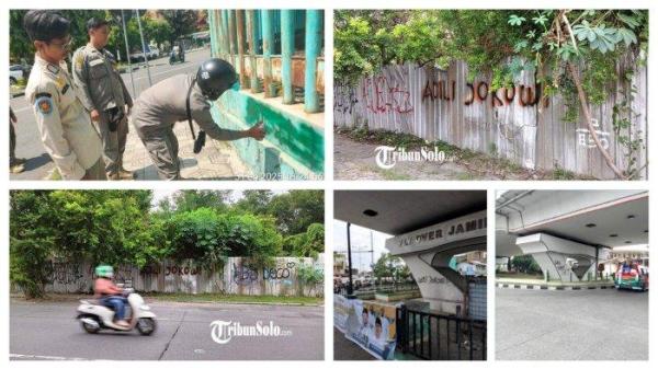 VANDALISME ADILI JOKOWI.Petugas Satpol PP Kota Yogyakarta menutup coretan 'Adili Jokowi' di Pagar Stadion Mandala Krida menggunakan cat semprot, Rabu (5/2/2025).Seorang pengendara motor melintas di jalan Prof Dr Soeharso, Kecamatan Laweyan, Solo, Selasa (4/2/2025) sore. Tulisan vandalisme 'Adili Jokowi' di lokasi tersebut terlihat pada pagar seng sebuah lahan kosong dengan menggunakan tinta kombinasi warna oranye dan hitam.Tulisan Adili Jokowi terpampang pada sejumlah tempat di Kota Medan. Tulisan tersebut terlihat di tembok-tembok sudut kota Medan, Sabtu (1/2/2025). Aksi vandalisme Adili Jokowi kini sampai di Yogyakarta, ada di 15 titik, Satpol PP langsung turun tangan lakukan pembersihan.