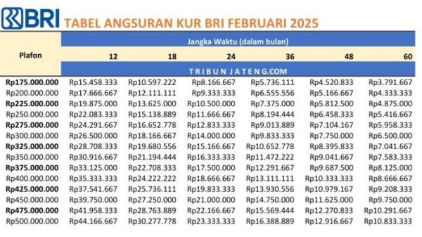 TABEL KUR BRI - Tabel pinjaman KUR BRI 2025 Rp 175 Juta - 500 Juta periode Februari 2025