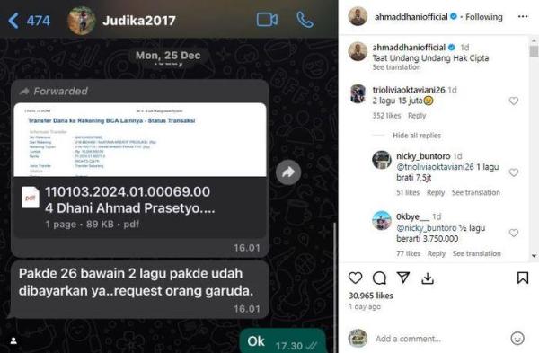 TRANSFER ROYALTI - Tangkapan layar percakapan Ahmad Dhani dan Judika dicapture dari Instagram @ahmaddhaniofficial via Grid.id, Selasa (11/2/2025). Musisi Ahmad Dhani bocorkan bukti transfer uang royalti dari Judika usai membawakan lagu ciptaannya.