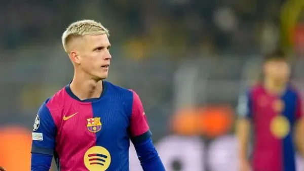 Dortmund, Germany - December 11: Dani Olmo of FC Barcelona looks on during the UEFA Champions League 2024/25 League Phase MD6 match between Borussia Dortmund and FC Barcelona at Signal Iduna Park on December 11, 2024 in Dortmund, Germany. (Photo by Alex Gottschalk/DeFodi Images via Getty Images)