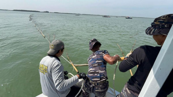 TNI AL membongkar pagar laut di wilayah Tanjung Pasir dan Kronjo, Tangerang, Banten. Foto: Dispenal