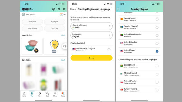 Country and region menu in Amazon app on iPhone